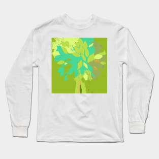 Tree, summer leaf green teal blue yellow gold fiber art textile mixed media digital Long Sleeve T-Shirt